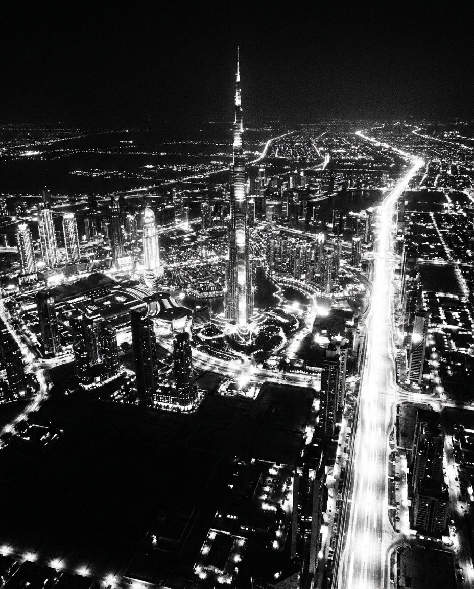 Dubai at night from above, monochrome