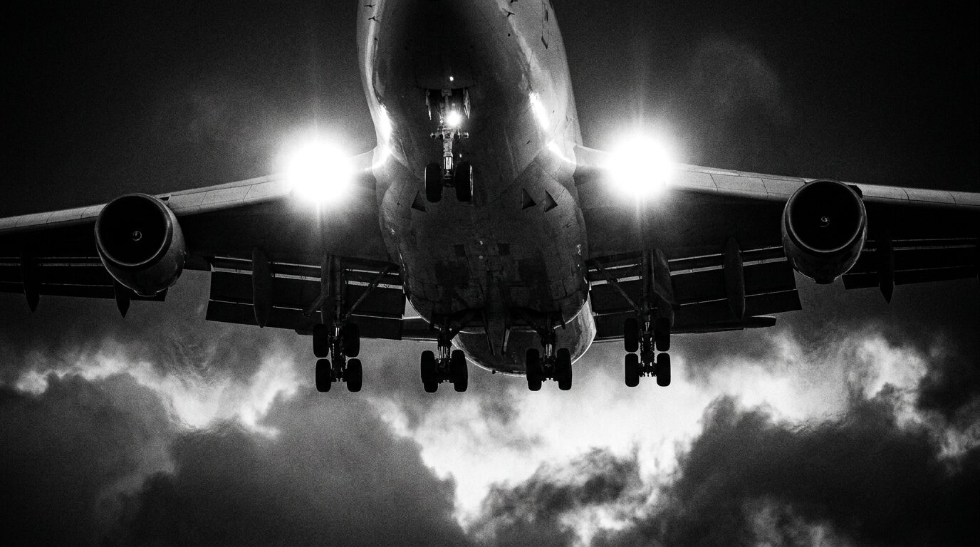 Cargo plane overhead at night, monochrome
